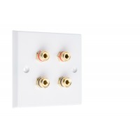 White 4 Binding Post Speaker Wall Plate - 4 Terminals - No Soldering Required