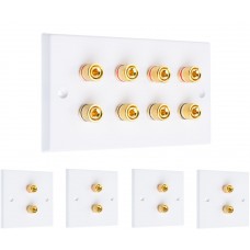 4.0 8 Binding Post Audio AV Speaker Wall Plate kit. White. Square Edge. Solder Tabs.