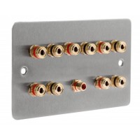 Stainless Steel Brushed Flat Plate 5.1 2 Gang Speaker Wall Plate 10 Terminals + RCA Phono Socket - No Soldering Required