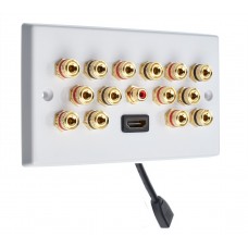 7.1 Surround Sound Speaker Wall Plate with Gold Binding Posts + 1 x RCA Socket + 1 x HDMI FLEXIBLE FLYLEAD. NO SOLDERING REQUIRED