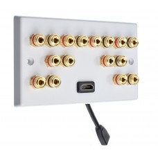 8.0 Surround Sound Speaker Wall Plate with Gold Binding Posts + 1 x HDMI FLEXIBLE FLYLEAD. NO SOLDERING REQUIRED