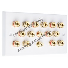 Polished Brass Flat plate 7.2 Speaker Wall Plate 14 Terminals + 2 RCA Phono Sockets - Two Gang - No Soldering Required