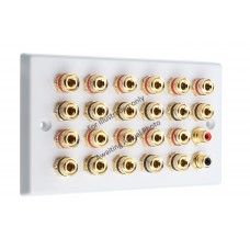 Polished Brass Flat plate 11.2 Speaker Wall Plate 22 Terminals + 2 RCA Phono Sockets - Two Gang - No Soldering Required