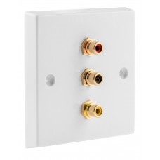 White 3 x RCA Phono Audio Surround Sound Wall Face Plate - Rear Solder tab Connections