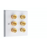 White 6 Binding Post Speaker Wall Plate - 6 Terminals - Rear Solder tab Connections