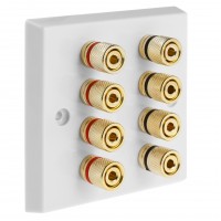 White 4.0 - 8 Binding Post Speaker Wall Plate - 8 Terminals - Rear Solder tab Connections