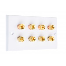 White 4.0 - 8 Binding Post Speaker Wall Plate - 8 Terminals - Rear Solder tab Connections