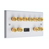 White 5.0 - 10 Binding Post Speaker Wall Plate + 1 x HDMI - 10 Terminals - Rear Solder tab Connections