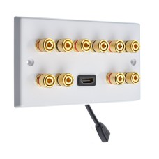 White 5.0 - 10 Binding Post Speaker Wall Plate + 1 x HDMI FLEXIBLE FLYLEAD - 10 Terminals - Rear Solder tab Connections