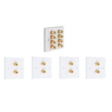 4.0 8 Binding Post Audio AV Speaker Wall Plate kit. White. Square Edge. Solder Tabs.