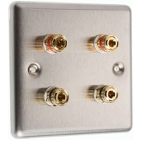 Stainless Steel Brushed Raised plate - 4 Binding Post Speaker Wall Plate - 4 Terminals - No Soldering Required