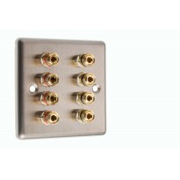 Stainless Steel Brushed Raised plate - 4.0 1 Gang - 8 Binding Post Speaker Wall Plate - 8 Terminals - No Soldering Required