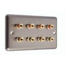 Stainless Steel Brushed Raised plate - 4.0 2 Gang - 8 Binding Post Speaker Wall Plate - 8 Terminals - No Soldering Required