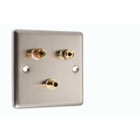 Stainless Steel Brushed Raised plate 1.1 Speaker Wall Plate 2 Terminals + 1 RCA Phono Socket - 1 Gang - No Soldering Required