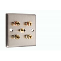Stainless Steel Brushed Raised plate 2.1 Speaker Wall Plate 4 Terminals + 1 RCA Phono Socket - 1 Gang - No Soldering Required