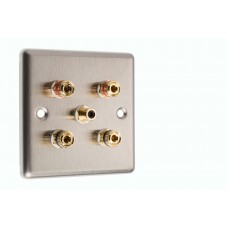 Stainless Steel Brushed Raised plate 2.1 Speaker Wall Plate 4 Terminals + 1 RCA Phono Socket - 1 Gang - No Soldering Required