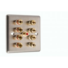 Stainless Steel Brushed Raised plate 4.1 Speaker Wall Plate 8 Terminals + 1 RCA Phono Socket - 1 Gang - No Soldering Required