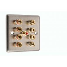 Stainless Steel Brushed Raised plate 4.1 Speaker Wall Plate 8 Terminals + 1 RCA Phono Socket - 1 Gang - No Soldering Required