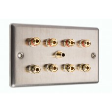 Stainless Steel Brushed Raised plate 4.1 Speaker Wall Plate 8 Terminals + 1 RCA Phono Socket - Two Gang - No Soldering Required