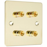 Polished Brass Flat plate 4 Binding Post Speaker Wall Plate - 4 Terminals - Rear Solder tab Connections