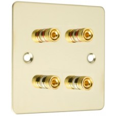 Polished Brass Flat plate 4 Binding Post Speaker Wall Plate - 4 Terminals - Rear Solder tab Connections