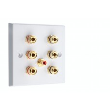White Plastic 3.1 Speaker Wall Plate 6 Terminals + RCA Phono Socket - No Soldering Required