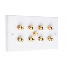 White Plastic 4.1 Speaker Wall Plate 8 Terminals + RCA Phono Socket - 2 Gang - No Soldering Required