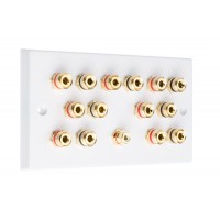 White  7.1 Speaker Wall Plate 14 Terminals + RCA Phono Socket - Two Gang - No Soldering Required