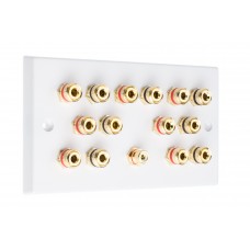 White  7.1 Speaker Wall Plate 14 Terminals + RCA Phono Socket - Two Gang - No Soldering Required