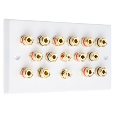 White  7.2 Speaker Wall Plate 14 Terminals + 2 RCA Phono Sockets - Two Gang - No Soldering Required