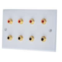 White Slimline 8 x RCA Phono Audio Surround Sound Wall Face Plate - Rear Solder tab Connections