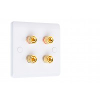 White Slimline 4 Binding Post Speaker Wall Plate - 4 Terminals - Rear Solder tab Connections