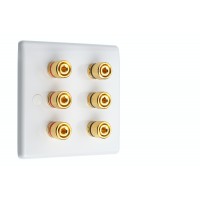 White Slimline 3.0 - 6 Binding Post Speaker Wall Plate - 6 Terminals - Rear Solder tab Connections