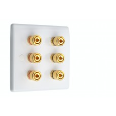 White Slimline 3.0 - 6 Binding Post Speaker Wall Plate - 6 Terminals - Rear Solder tab Connections