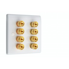 White Slimline 4.0 - 8 Binding Post Speaker Wall Plate - 8 Terminals - Rear Solder tab Connections