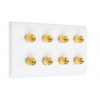 White Slimline 4.0 - 8 Binding Post Speaker Wall Plate - 8 Terminals - Rear Solder tab Connections