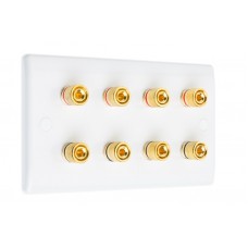 White Slimline 4.0 - 8 Binding Post Speaker Wall Plate - 8 Terminals - Rear Solder tab Connections