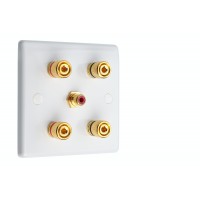 White Slimline 2.1  Speaker Wall Plate - 4 Terminals + RCA - Rear Solder tab Connections