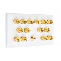 White Slimline 7.1  Speaker Wall Plate - 14 Terminals + RCA - Rear Solder tab Connections