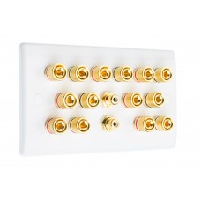 White Slimline 7.2 Speaker Wall Plate - 14 Terminals + 2 x RCA's - Rear Solder tab Connections