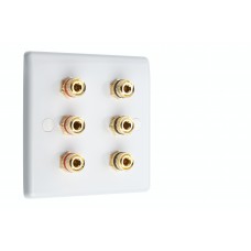 SlimLine White 3.0 - 6 Binding Post Speaker Wall Plate - 6 Terminals - No Soldering Required