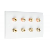 SlimLine White 4.0 2 Gang - 8 Binding Post Speaker Wall Plate - 8 Terminals - No Soldering Required