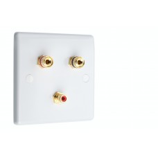 White 1.1 Slim Line One Gang Speaker Wall Plate 2 Terminals + RCA Phono Socket - No Soldering Required