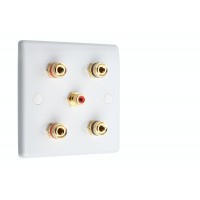 White 2.1 Slim Line One Gang Speaker Wall Plate 4 Terminals + RCA Phono Socket - No Soldering Required