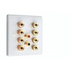 White 4.2 Slim Line One Gang Speaker Wall Plate 8 Terminals + 2 x RCA Phono Socket - No Soldering Required