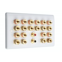 White Slim Line 10.2 Speaker Wall Plate 20 Terminals + 2 x RCA Phono Sockets - 2 Gang - No Soldering Required