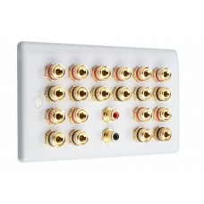 White Slim Line 10.2 Speaker Wall Plate 20 Terminals + 2 x RCA Phono Sockets - 2 Gang - No Soldering Required