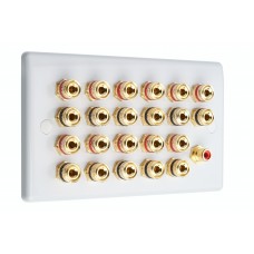 White Slimline 11.1 Speaker Wall Plate 22 Terminals +  RCA Phono Socket - Two Gang - No Soldering Required