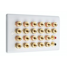 White Slim Line 11.2 Speaker Wall Plate 22 Terminals + 2 x RCA Phono Sockets - 2 Gang - No Soldering Required