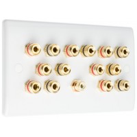 White SlimLine 7.1 Speaker Wall Plate 14 Terminals + RCA Phono Socket - Two Gang - No Soldering Required